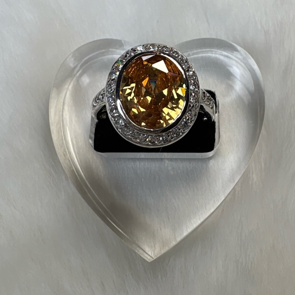 925 Sterling Silver Oval Citrine and Clear CZ Ring